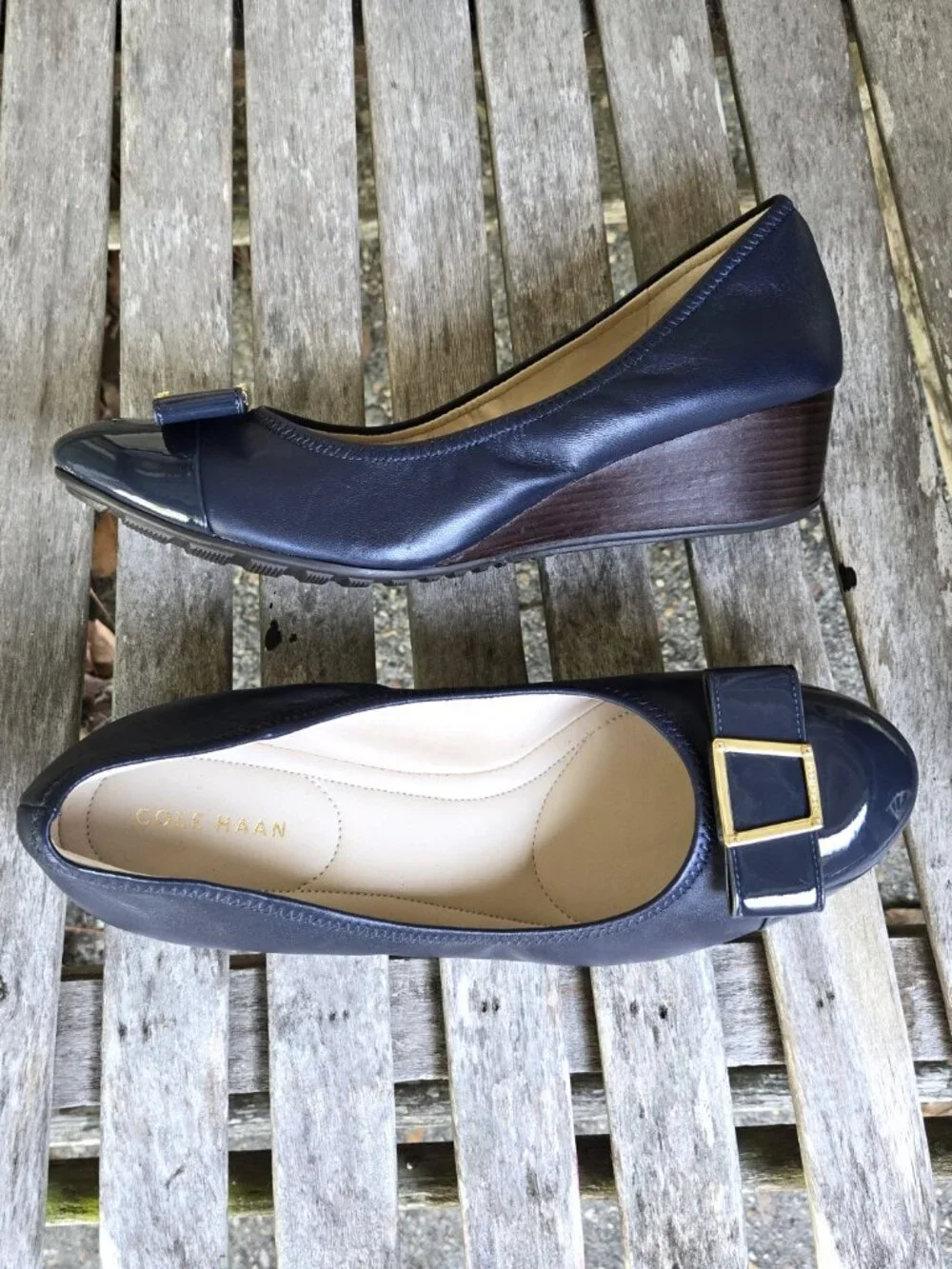 New COLE HAAN Navy Blue Leather Small Wedge Pumps Shoes 8.5